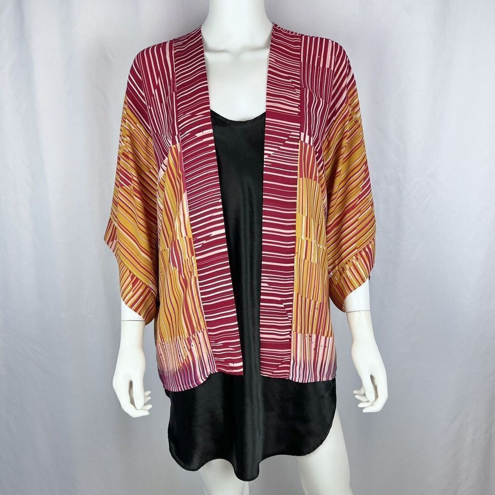 Cabi Small Red Yellow Abstract Stripe Open Front Tunic Cardigan Blouse Top
